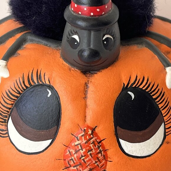 Vintage 80s Kitsche Spider on Hand Painted Halloween Jack O Lantern Pumpkin 1988 - Picture 2 of 9
